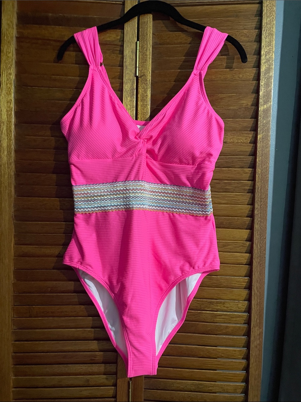 Pink Twist Front One-Piece Swimsuit with Patterned Waistband